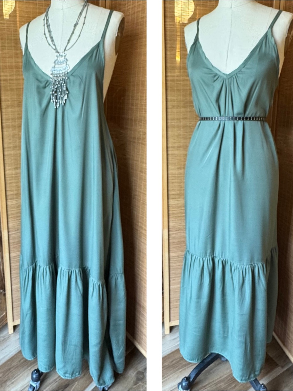 Sage Green V-Neck Tiered Maxi Dress